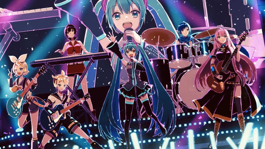 2boys, 4girls, ;d, absurdly_long_hair, ahoge, black_dress, black_footwear, black_legwear