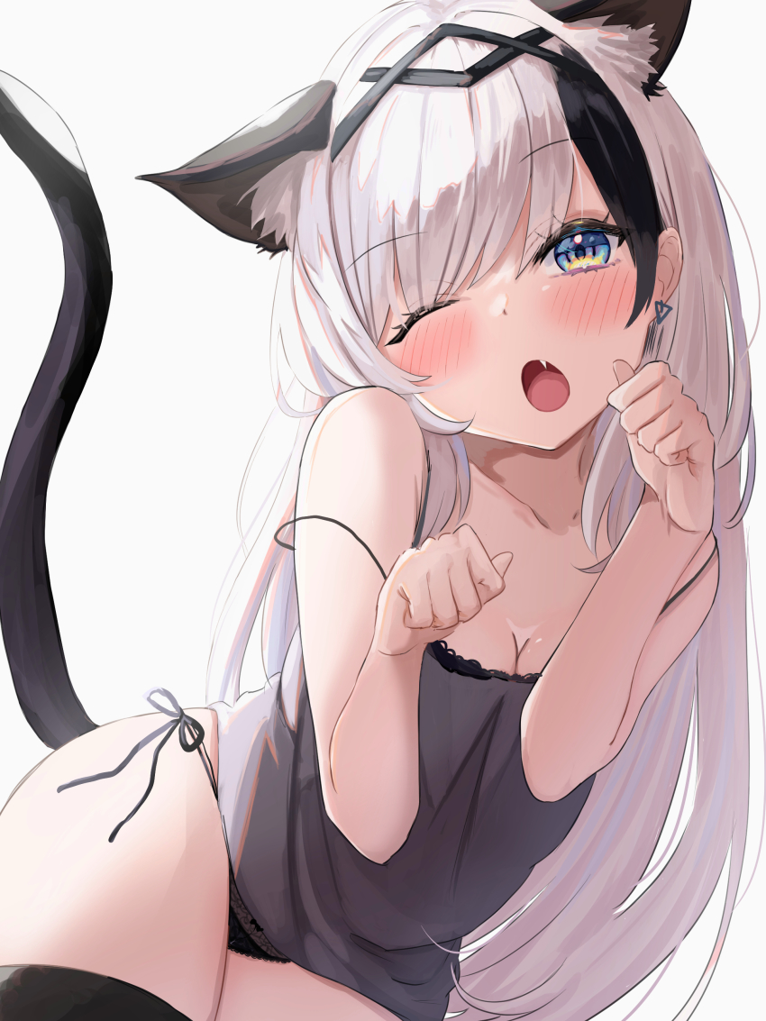 1girl, ;o, absurdres, amefukura_art, animal_ear_fluff, animal_ears, bare_shoulders, black_thighhighs