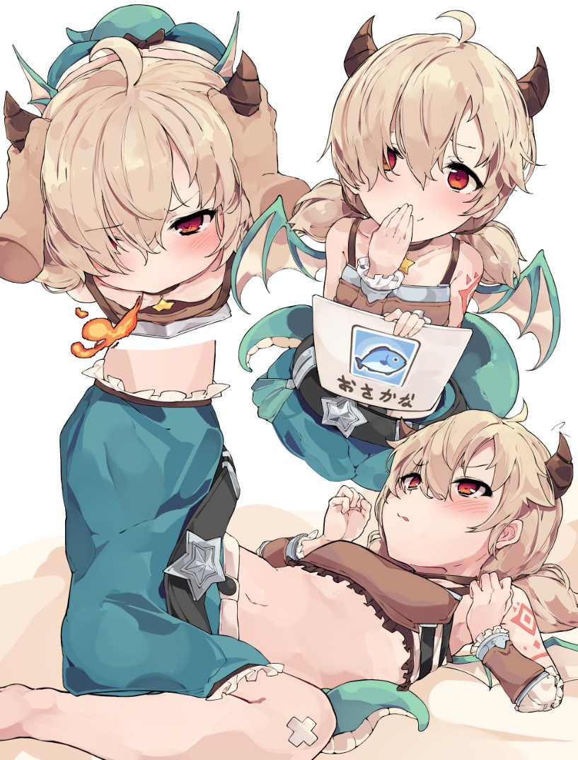 1girl, bare_shoulders, blonde_hair, blush, breasts, choker, collarbone, detached_sleeves, dragon_girl, dragon_horns, dragon_tail, dragon_wings, fire, frilled_shorts, frills, green_shorts, hair_over_one_eye, horn_grab, horns, inori_(princess_connect!), leg_up, looking_at_viewer, low_twintails, lying, multiple_views, navel, on_back, pkpkpppk, princess_connect!, puffy_shorts, red_eyes, short_twintails, shorts, shoulder_tattoo, small_breasts, smile, spread_legs, star_(symbol), star_choker, tail, tattoo, twintails, wings