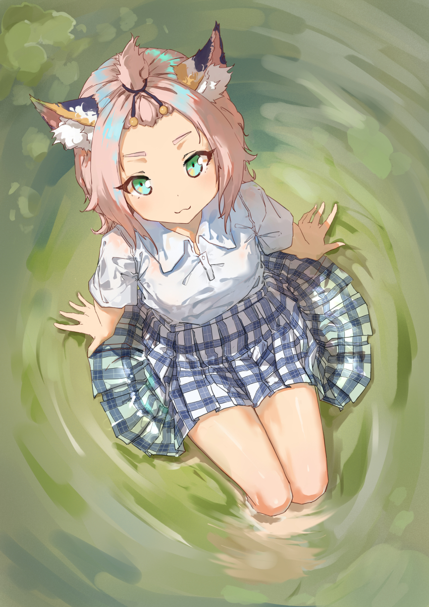 1girl, absurdres, animal_ear_fluff, animal_ears, bangs_pinned_back, blue_skirt, blush, breasts, cat_ears, cat_girl, collared_shirt, diona_(genshin_impact), dress_shirt, float-dian, genshin_impact, green_eyes, highres, looking_at_viewer, looking_up, perspective, pink_hair, plaid_clothes, plaid_skirt, shirt, sitting, skirt, small_breasts, smile, solo, thighs, water, white_shirt