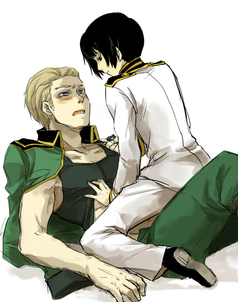 00s, 2boys, axis_powers_hetalia, black_hair, blonde_hair, blue_eyes, blush, brown_eyes, clothes_lift, couple, germany_(hetalia), image_sample, japan_(hetalia), male_focus, multiple_boys, muscular, nervous, pixiv_sample, resized, ririvery, shirt_lift, short_hair, yaoi