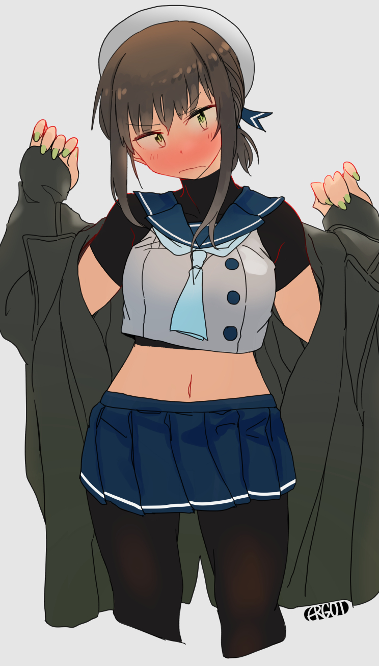 1girl, artist_name, blue_skirt, blush, brown_hair, cosplay, cowboy_shot, cropped_legs, ergot, fubuki_(kancolle), green_eyes, green_nails, grey_background, highres, kantai_collection, long_hair, looking_at_viewer, low_ponytail, nail_polish, nose_blush, ponytail, sado_(kancolle), sado_(kancolle)_(cosplay), short_ponytail, sidelocks, simple_background, skirt, solo, standing