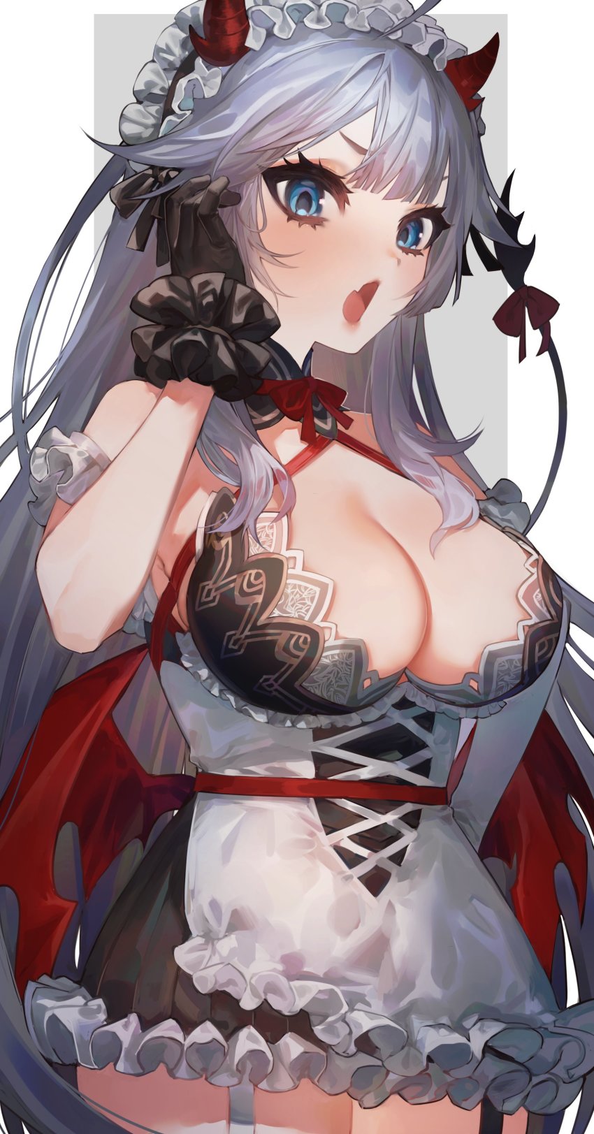 1girl, absurdres, agenasumiso51, apron, blue_eyes, blush, bow, breasts, cleavage, commentary, demon_girl, demon_horns, demon_tail, english_commentary, fang, grey_hair, highres, horns, indie_virtual_youtuber, large_breasts, long_hair, looking_at_viewer, looking_down, maid, maid_apron, maid_headdress, mixed-language_commentary, open_mouth, red_bow, red_wings, skin_fang, solo, tail, vei_(vtuber), vei_(4th_costume)_(vtuber), virtual_youtuber, wings