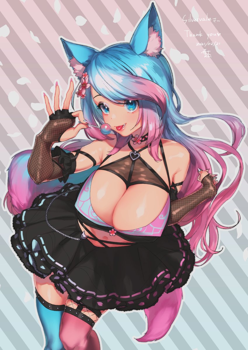 1girl, absurdres, animal_ears, black_skirt, blue_hair, breasts, candy, cat_ears, cleavage, commentary, commission, dated, english_commentary, fingerless_gloves, food, from_above, gloves, gradient_hair, highres, holding, holding_candy, holding_food, holding_lollipop, large_breasts, leaning_forward, lollipop, multicolored_hair, nail_polish, nozomi_no_hon, ok_sign, pink_hair, second-party_source, silvervale, silvervale_(4th_costume), silvervale_(silver_2.0), skeb_commission, skirt, smile, solo, thighhighs, tongue, tongue_out, two-tone_hair, virtual_youtuber, vshojo