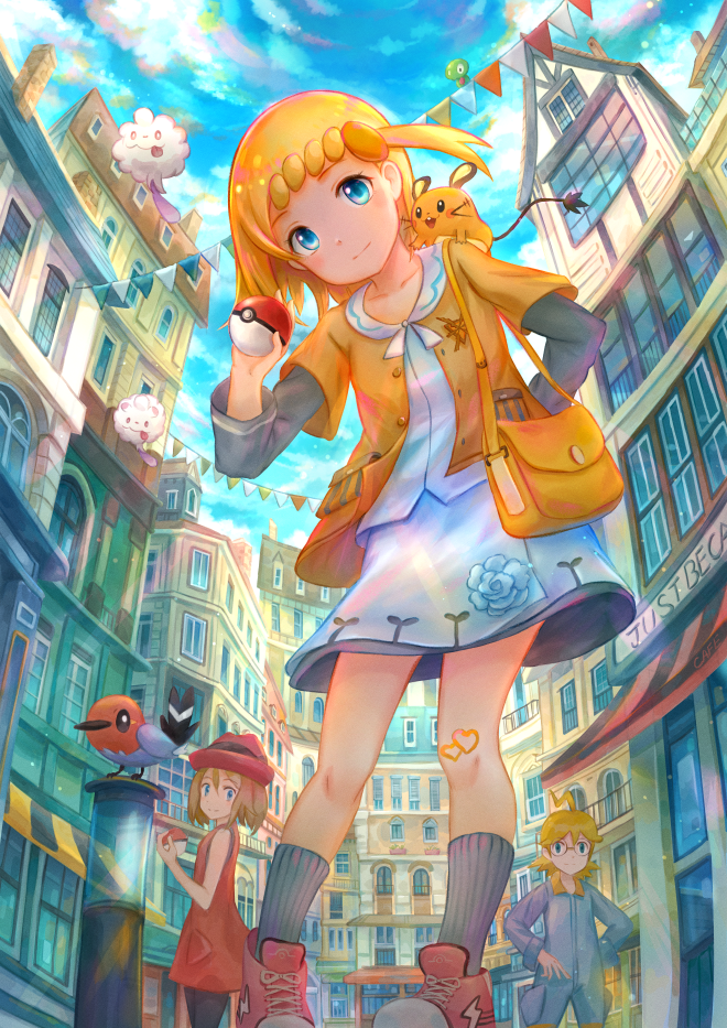 1boy, 2girls, ahoge, bag, blonde_hair, blue_eyes, blush, bonnie_(pokemon)