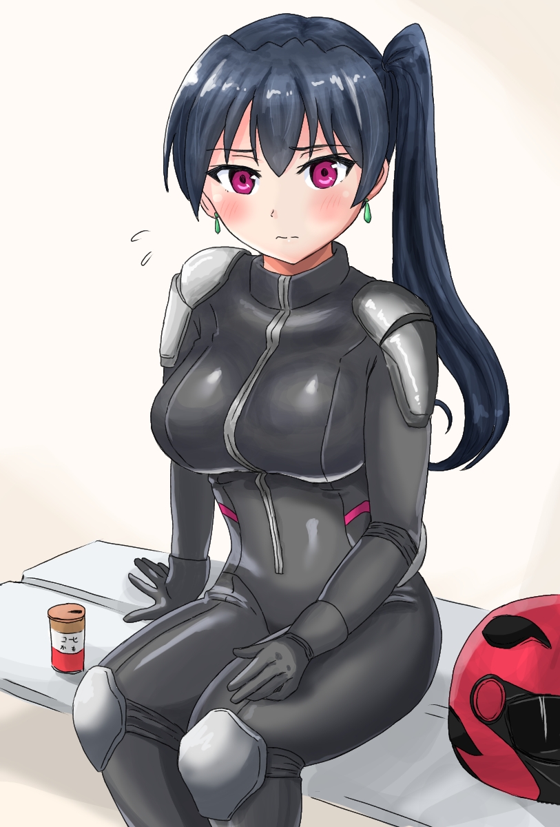 bench, biker_clothes, bikesuit, black_bodysuit, black_gloves, black_hair, blush, bodysuit, can, ear_piercing, earrings, feet_out_of_frame, from_side, gloves, hayabusa_nobuwo, unworn_headwear, helmet, unworn_helmet, highres, jewelry, kukkoro_rider, long_hair, looking_at_viewer, looking_to_the_side, ministry_of_land_infrastructure_and_transportation, motorcycle_helmet, on_bench, piercing, purple_eyes, red_headwear, sitting, skin_tight, solo, tsurime, wavy_mouth, zipper