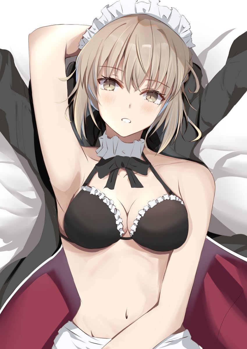 1girl, armpits, artoria_pendragon_(fate), bare_shoulders, bikini, black_bikini, blonde_hair, fate/grand_order, fate_(series), frilled_bikini, frills, highres, jacket, kaedemaru, looking_at_viewer, maid, maid_headdress, medium_hair, midriff, navel, parted_lips, saber_alter, saber_alter_(swimsuit_rider)_(second_ascension), solo, swimsuit, unworn_jacket, yellow_eyes