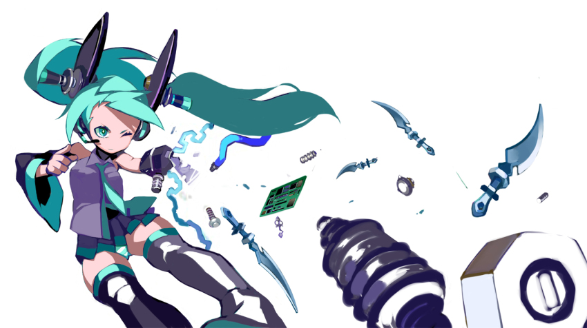 1girl, android, aqua_eyes, aqua_hair, detached_sleeves, female_focus, hatsune_miku, headphones
