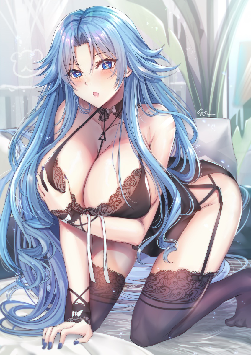 1girl, :o, absurdres, arm_support, azur_lane, babydoll, bare_shoulders, between_breasts