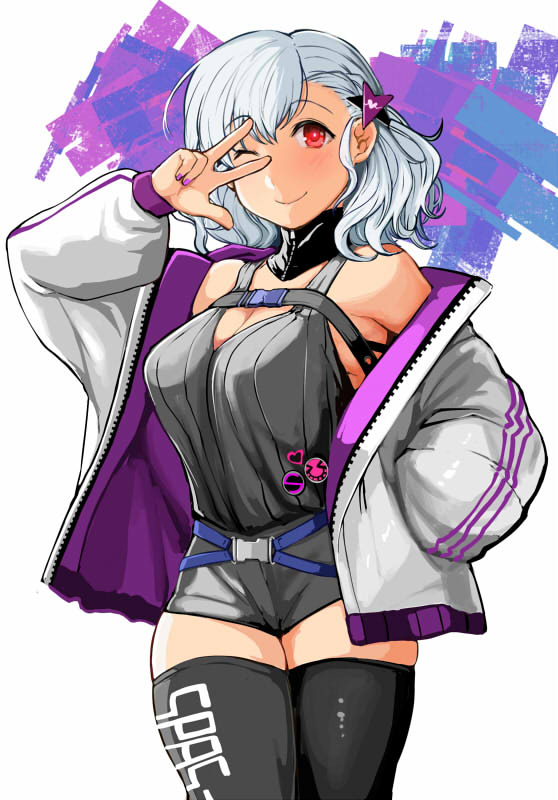 1girl, aa-12_(girls'_frontline), aa-12_(girls'_frontline)_(cosplay), bare_shoulders, breasts, buckle, cosplay, girls'_frontline, keshin, large_breasts, medium_hair, one_eye_closed, red_eyes, silver_hair, skindentation, smile, snap-fit_buckle, solo, spas-12_(girls'_frontline), thick_thighs, thighs, v, v_over_eye