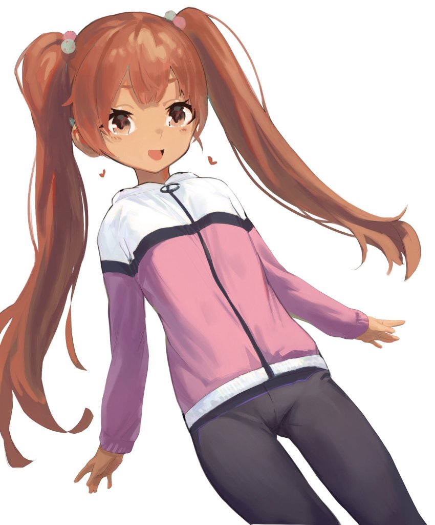 1girl, black_pants, brown_eyes, brown_hair, cowboy_shot, had_(had314), highres, jacket, kantai_collection, libeccio_(kancolle), libeccio_(valentine)_(kancolle), long_hair, looking_at_viewer, multicolored_jacket, official_alternate_costume, pants, simple_background, solo, twintails, two-tone_jacket, white_background