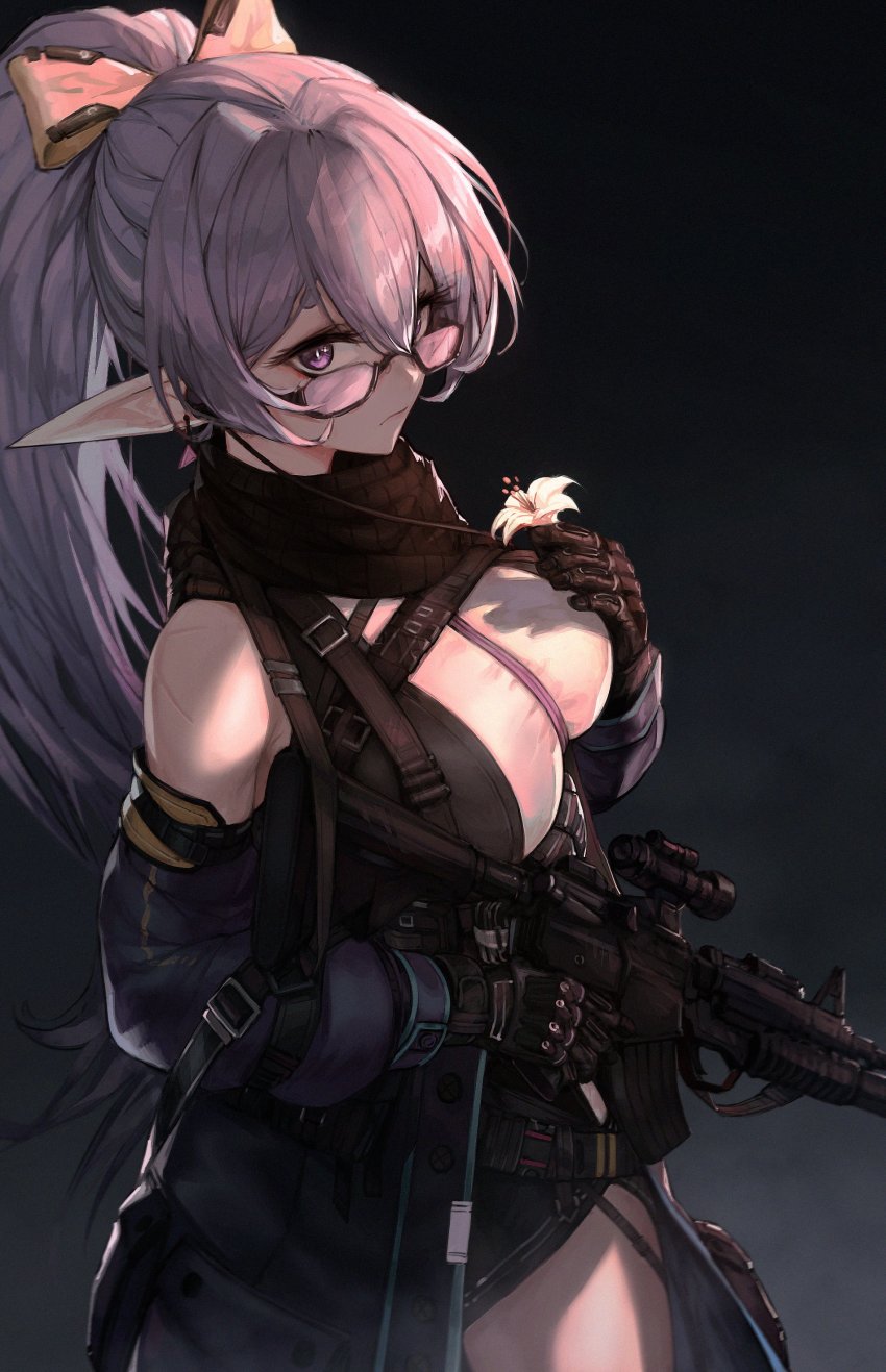 1girl, absurdres, arknights, assault_rifle, black_background, black_scarf, blue_jacket, bow, breasts, commentary, dark_background, elf, english_commentary, eyebrows_hidden_by_hair, flower, from_above, gun, hair_bow, highres, holding, holding_flower, holding_gun, holding_weapon, indie_virtual_youtuber, jacket, large_breasts, long_pointy_ears, looking_up, off_shoulder, orange_bow, parody, pointy_ears, ponytail, purple_eyes, purple_hair, rae_laveire, rifle, scarf, scope, solo, style_parody, virtual_youtuber, weapon, white_flower, xraydreads