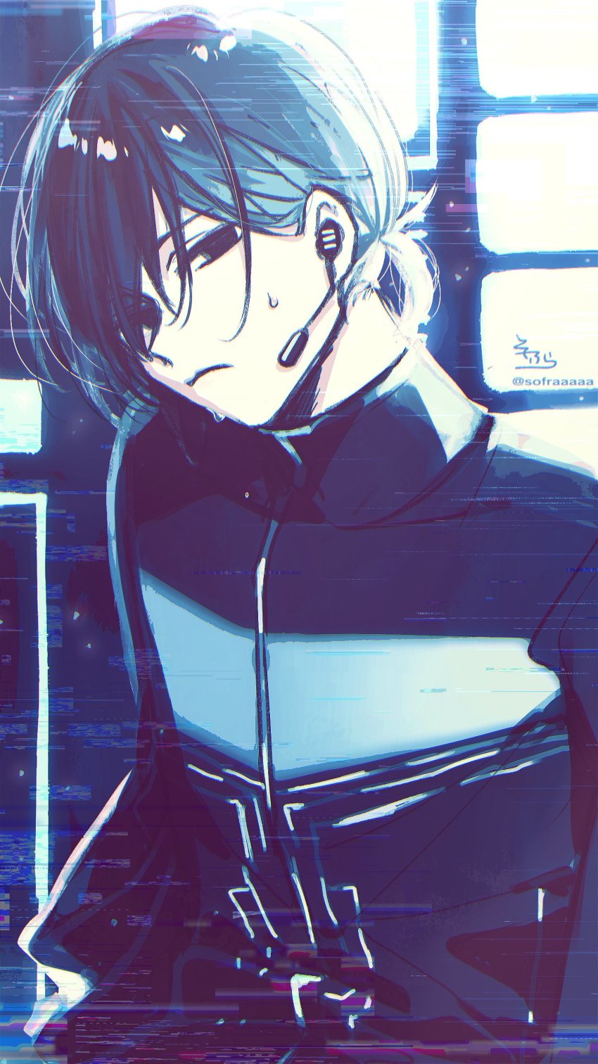 1boy, absurdres, closed_mouth, commentary_request, hair_over_one_eye, head_tilt, headset, highres