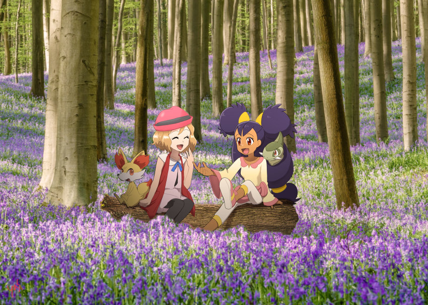 2girls, axew, black_hair, black_legwear, black_ribbon, brown_eyes, closed_eyes, dark-skinned_female