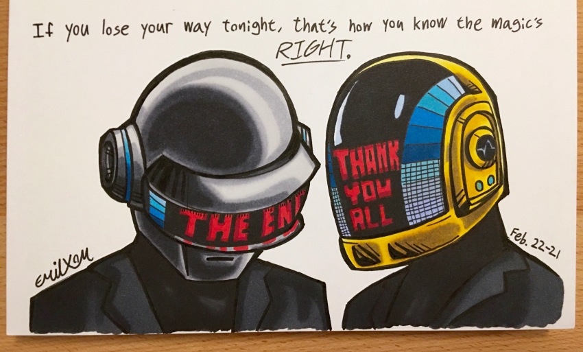 2boys, absurdres, black_jacket, blazer, daft_punk, dated, emilxom, english_text, guy_manuel_de_homem-christo, helmet, highres, jacket, lyrics, male_focus, marker_(medium), multiple_boys, portrait, robot, signature, thank_you, thomas_bangalter, traditional_media, visor