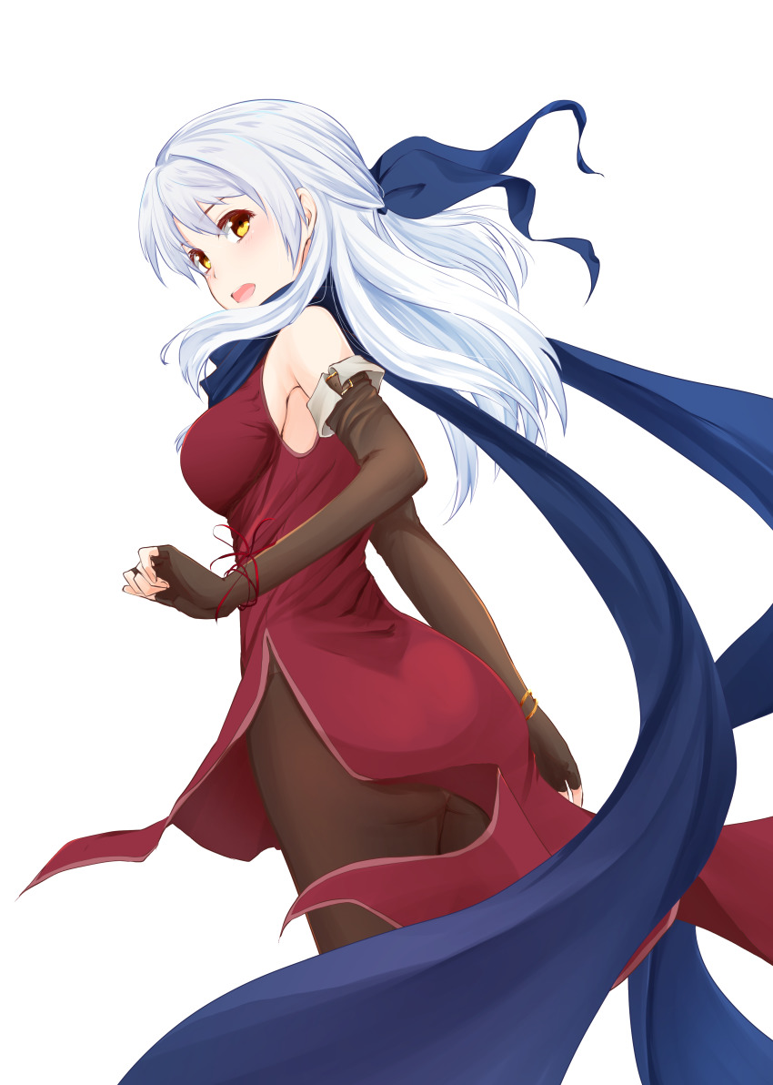 1girl, absurdres, ass, bangle, bare_shoulders, black_gloves, black_pantyhose, blue_scarf