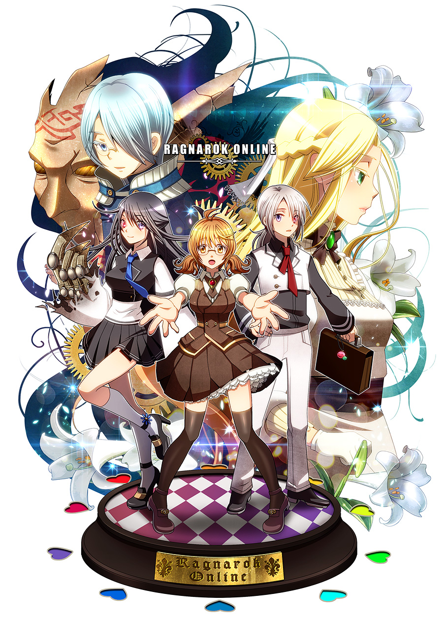 2boys, 3girls, alicel, aliot_(ragnarok_online), black_bow, black_footwear, black_hair, black_neckwear