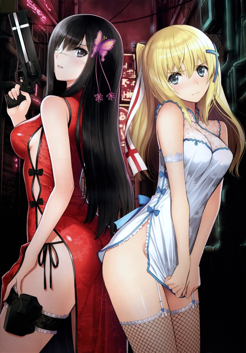 2girls, absurdres, aqua_eyes, armband, ass-to-ass, back-to-back, bare_shoulders, black_eyes