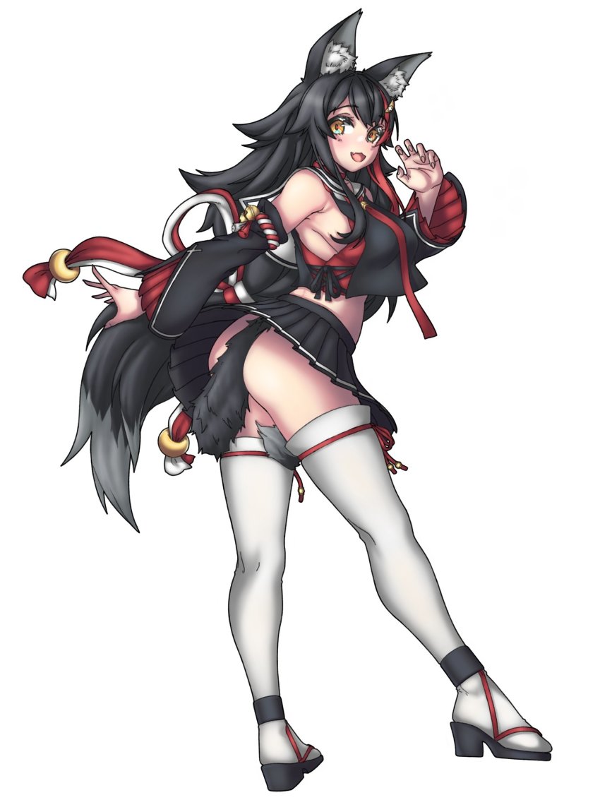 1girl, :d, animal_ear_fluff, animal_ears, armpits, ass, black_hair, black_skirt