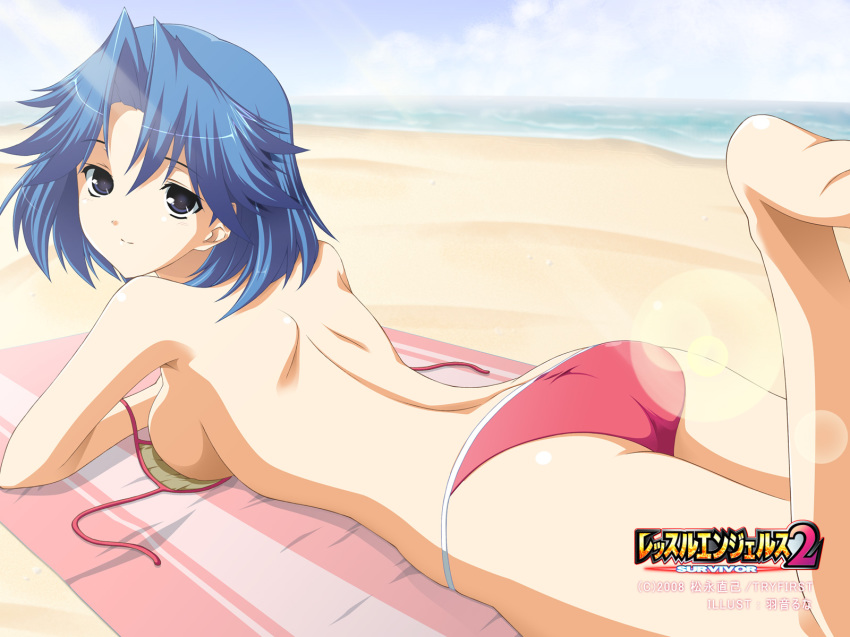 1girl, ass, back, bare_back, bare_shoulders, barefoot, beach, bikini, blue_eyes, blue_hair, breasts, day, feet, female_focus, highres, leg_up, legs, lens_flare, looking_back, lying, matching_hair/eyes, medium_breasts, ogawa_hikaru, on_stomach, outdoors, short_hair, sideboob, smile, solo, swimsuit, thighs, untied, wrestle_angels, wrestle_angels_survivor_2