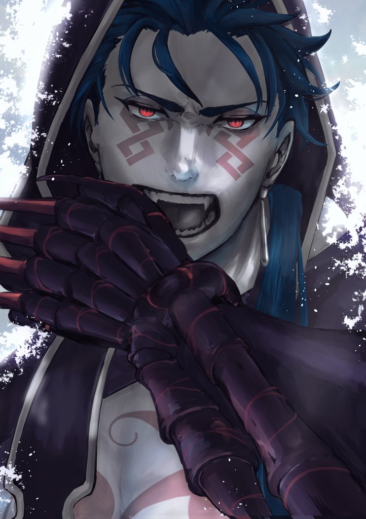 1boy, angry, betushio, blue_hair, bodypaint, claws, cu_chulainn_(fate), cu_chulainn_alter_(fate)