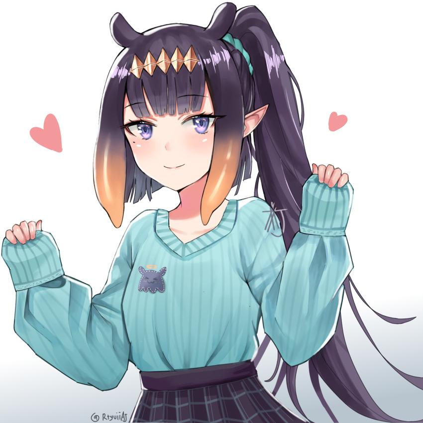 1girl, alternate_costume, alternate_hairstyle, aqua_sweater, artist_name, closed_mouth, commentary, english_commentary