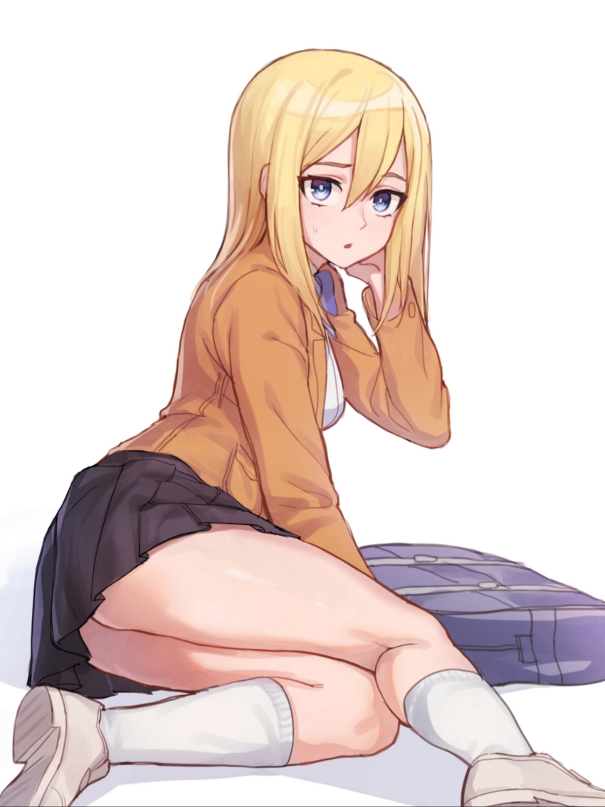 1girl, :o, absurdres, adjusting_hair, ass, bag, black_skirt, blonde_hair, blue_eyes, bow, bowtie, bright_pupils, brown_jacket, hair_between_eyes, hand_on_own_cheek, hand_on_own_face, highres, jacket, kneehighs, krista_lenz, long_sleeves, looking_at_viewer, looking_back, lying, medium_hair, on_side, pleated_skirt, school_bag, school_uniform, shadow, shingeki_no_kyojin, simple_background, skirt, socks, thighs, tripping, white_background, white_socks, yareen