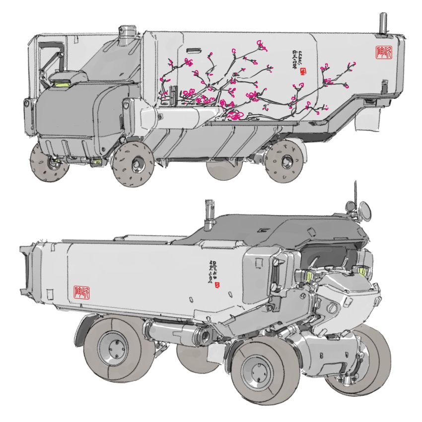 8bitwizard, absurdres, from_side, highres, motor_vehicle, no_humans, original, radio_antenna, satellite, science_fiction, simple_background, truck, vehicle_focus, wheel, white_background