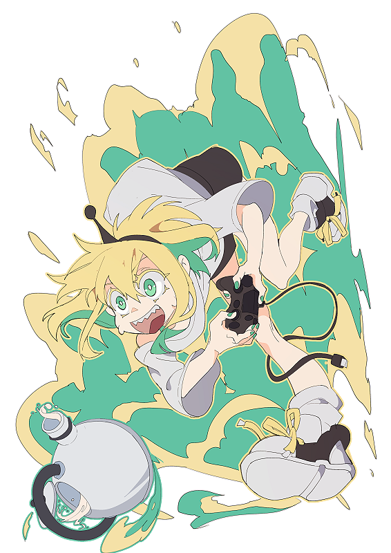 1girl, :d, amano_pikamee, bent_over, black_hairband, black_shoes, black_shorts, blonde_hair