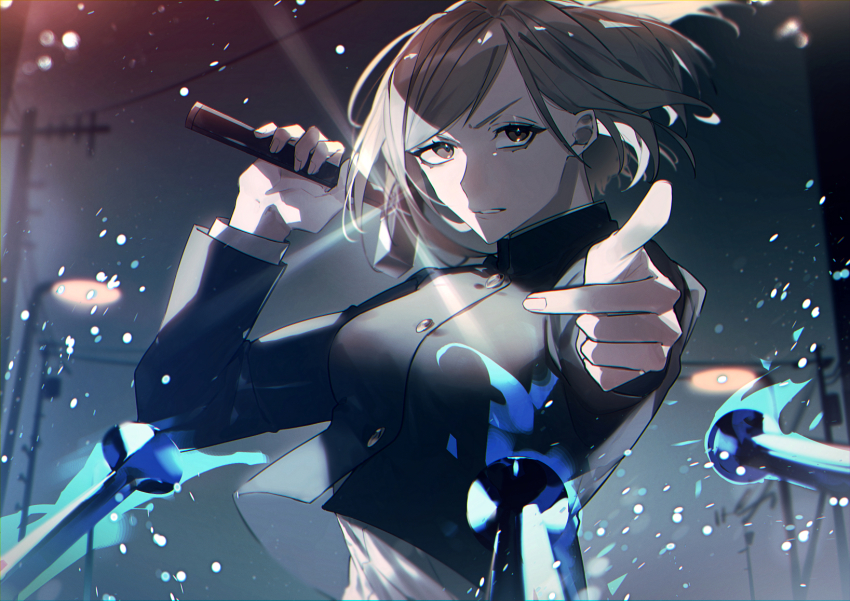 1girl, arms_up, black_jacket, blurry, bob_cut, bokeh, brown_eyes, brown_hair, buttons, commentary, depth_of_field, gakuran, hammer, highres, holding, holding_hammer, jacket, jujutsu_kaisen, kugisaki_nobara, looking_at_viewer, nail_(hardware), night, outdoors, pointing, pointing_at_viewer, sava_(sava_023), school_uniform, serious, shaded_face, shirt, short_hair, solo, upper_body, utility_pole, white_shirt