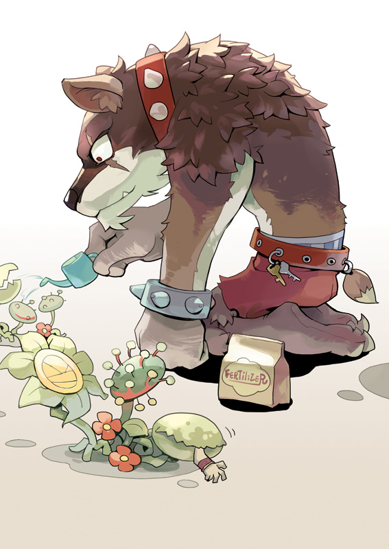 1boy, animal_collar, atroce, belt, bracelet, brown_belt, brown_pants, collar, commentary_request, disembodied_hand, drosera_(ragnarok_online), eating, flower, furry, furry_male, geographer_(ragnarok_online), hunter_(ragnarok_online), jewelry, key, kneeling, muscipular_(ragnarok_online), pants, plant, ragnarok_online, red_flower, scar, scar_across_eye, scar_on_face, topless_male, spiked_bracelet, spiked_collar, spikes, tennohi, venus_flytrap, water, watering, watering_can, wolf