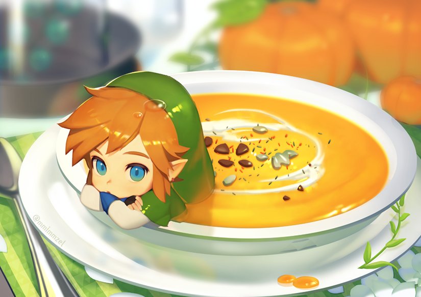 1boy, black_gloves, blue_eyes, blurry, chibi, cloth, crossed_arms, depth_of_field, earrings, fingerless_gloves, food, glass, gloves, green_hat, hat, head_rest, in_bowl, in_container, in_food, jewelry, layered_sleeves, link, long_sleeves, looking_at_viewer, male_focus, mimme_(haenakk7), mini_person, miniboy, nintendo, orange_hair, partially_submerged, plate, pointy_ears, pot, pumpkin, pumpkin_soup, saucer, short_over_long_sleeves, short_sleeves, solo, soup, spoon, swept_bangs, the_legend_of_zelda, twitter_username