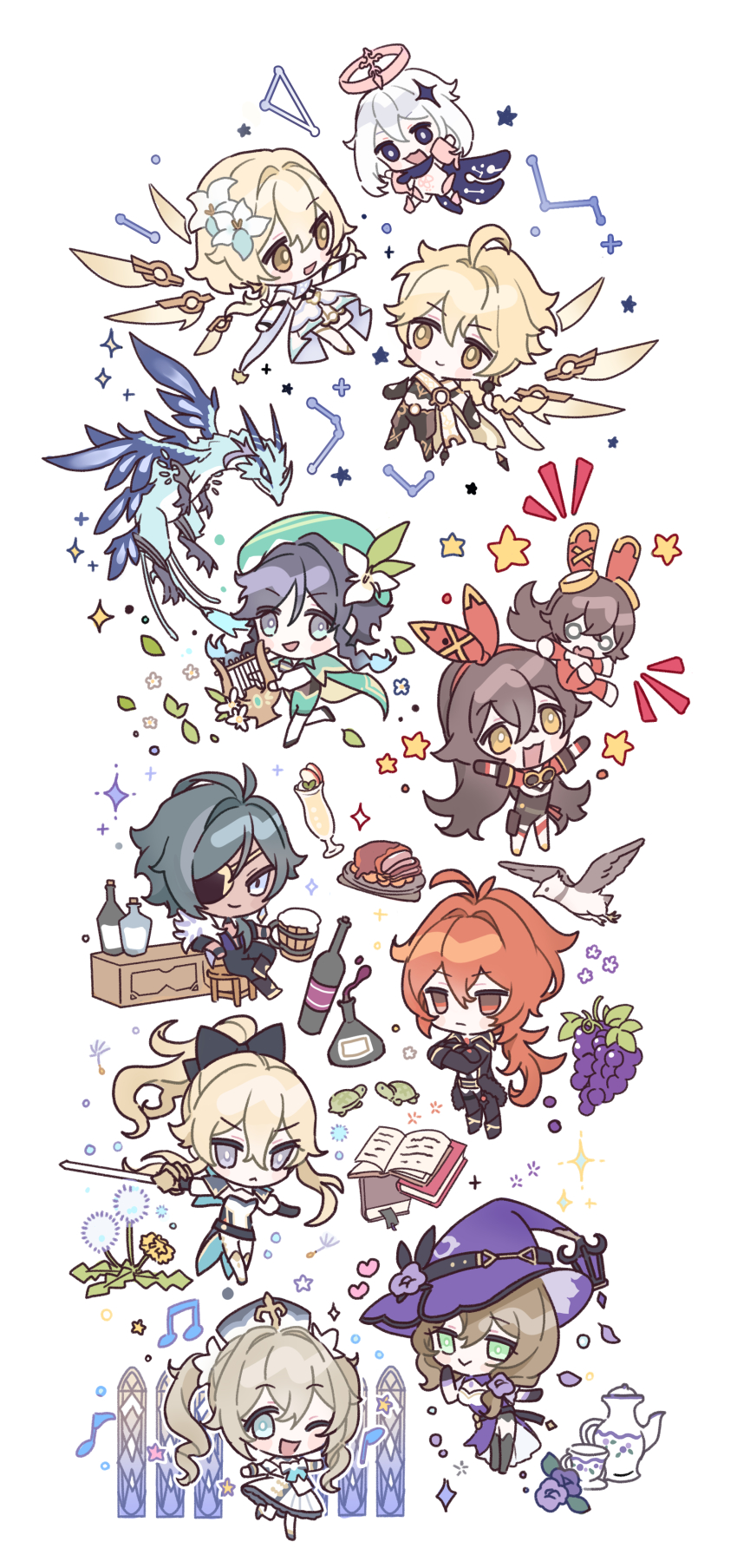 4boys, 6+girls, absurdres, aether_(genshin_impact), amber_(genshin_impact), apple_juice, barbara_(genshin_impact), baron_bunny_(genshin_impact), bird, black_hair, blonde_hair, blue_hair, book, bow, brown_hair, chibi, closed_mouth, cup, dandelion, dark-skinned_male, dark_skin, diluc_(genshin_impact), dvalin_(genshin_impact), eyepatch, flower, food, fruit, genshin_impact, grapes, hair_between_eyes, hair_bow, halo, hat, highres, holding, holding_sword, holding_weapon, honeymilk0252, instrument, jacket, jean_(genshin_impact), juice, kaeya_(genshin_impact), lisa_(genshin_impact), long_hair, lumine_(genshin_impact), lyre, mug, multiple_boys, multiple_girls, musical_note, one_eye_closed, open_mouth, paimon_(genshin_impact), pants, ponytail, red_hair, scarf, short_hair_with_long_locks, simple_background, star_(symbol), sword, teacup, teapot, venti_(genshin_impact), weapon, white_background, white_flower, white_hair, wings, witch_hat