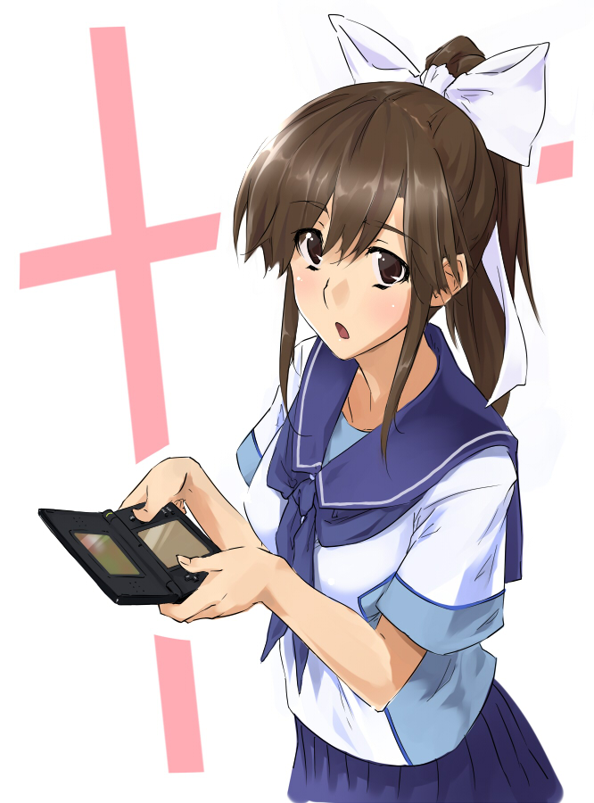 1girl, aeutoaki, bad_id, bad_pixiv_id, brown_eyes, brown_hair, female_focus, handheld_game_console