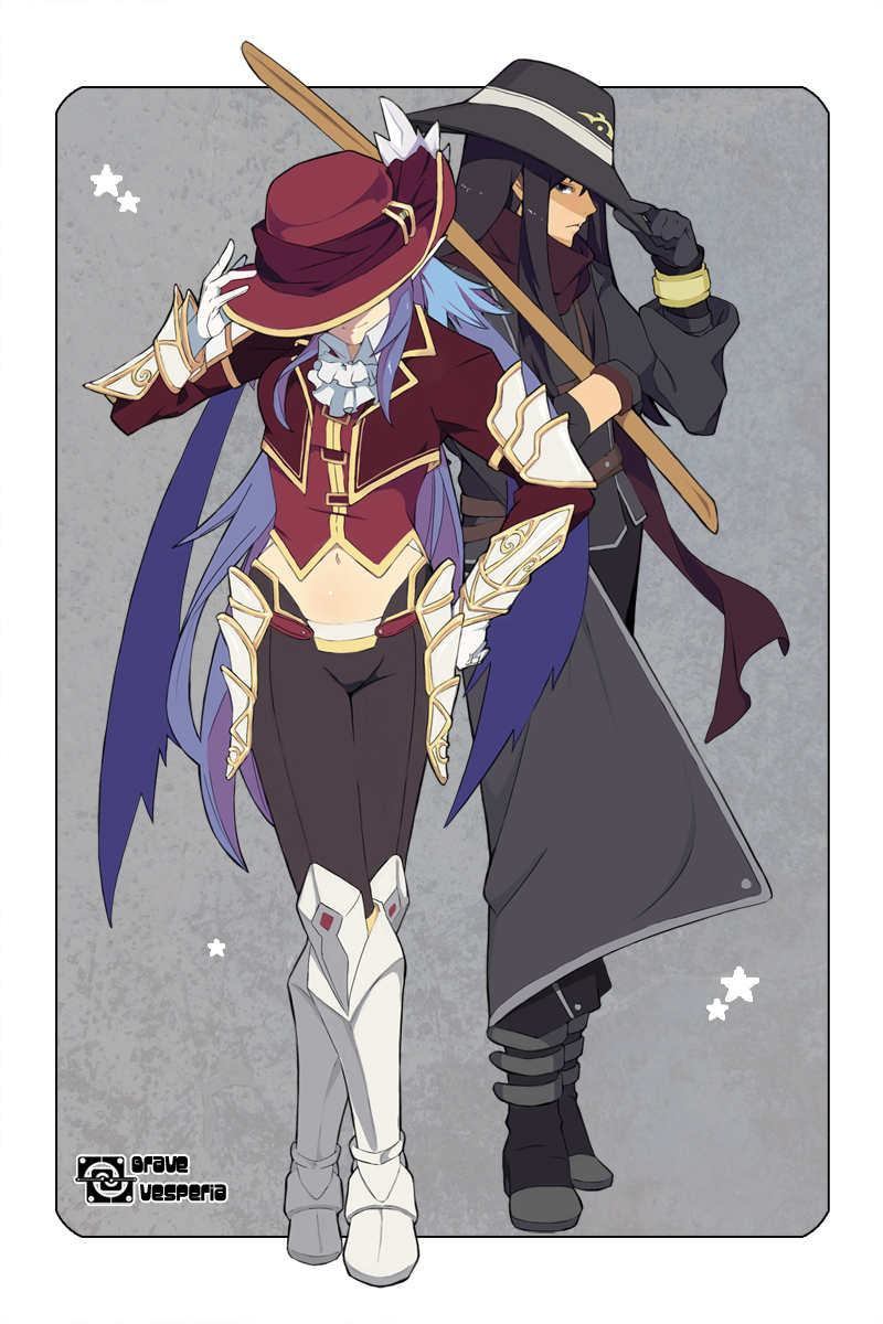 00s, 1boy, 1girl, alternate_costume, black_eyes, black_hair, blue_hair, bokken, boots, bracelet, coat, crossed_legs, gloves, grey_background, hand_on_own_hip, hat, hat_tip, highres, hip_focus, jewelry, judith_(into_the_sky)_(tales), judith_(tales), knee_boots, long_hair, midriff, official_alternate_costume, over_shoulder, pointy_ears, scarf, silvis, smile, standing, star_(symbol), sword, tales_of_(series), tales_of_vesperia, trench_coat, very_long_hair, watson_cross, weapon, weapon_over_shoulder, white_gloves, wooden_sword, yuri_lowell