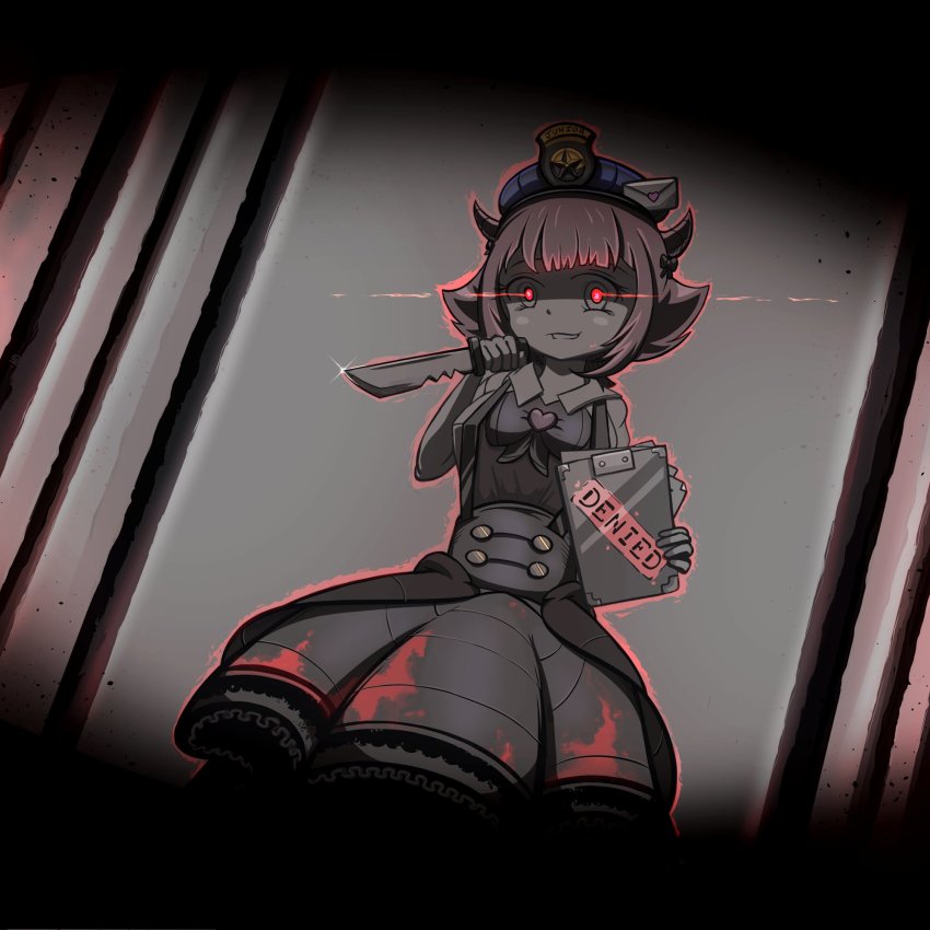 1girl, blood, blood_on_clothes, breasts, clipboard, commentary, contraband_police, english_commentary, english_text, eyebrows_hidden_by_hair, glowing, glowing_eyes, harry_david, hat, head_tilt, highres, holding, holding_clipboard, holding_knife, horns, knife, matsuro_meru, medium_breasts, pink_hair, short_hair, smile, solo, tsunderia, virtual_youtuber, yandere