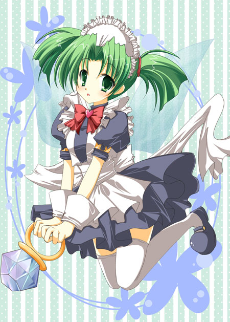 1girl, c-mond, female_focus, green_eyes, green_hair, hinata_momo, maid, mary_janes, puchi_carat, shimon_(shimotsuma), shoes, solo, thighhighs, twintails
