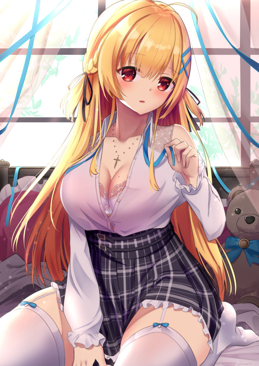 1girl, absurdres, bed, black_skirt, blonde_hair, blue_neckwear, bra, breasts