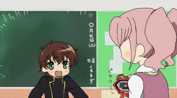 1boy, 1girl, animated, animated_gif, anya_alstreim, blush, brown_hair, chalkboard