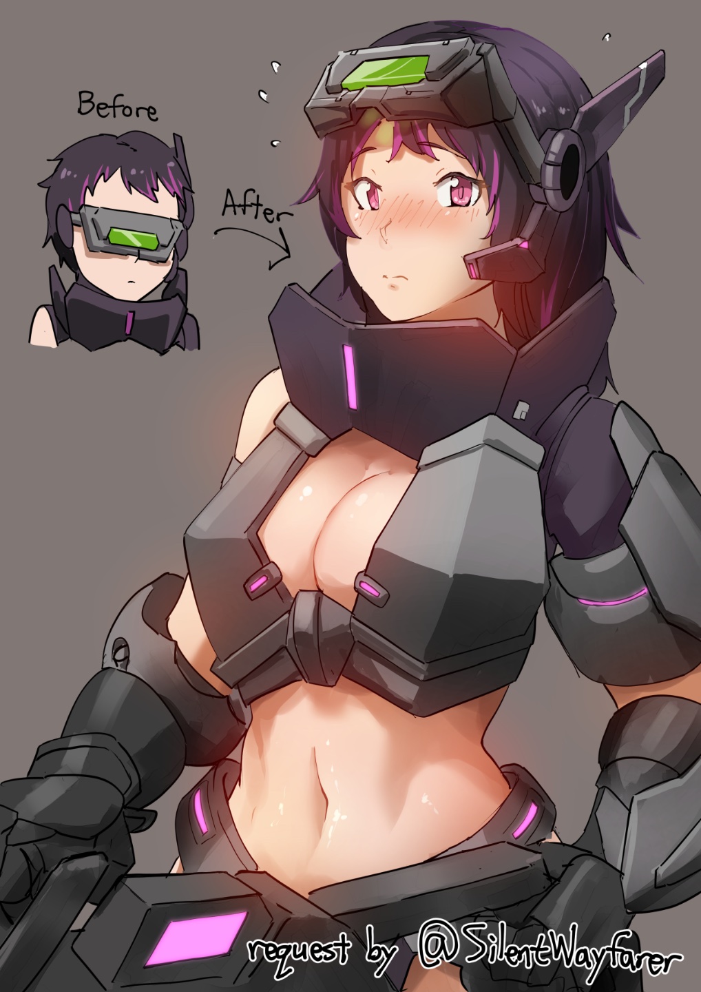 1girl, before_and_after, blush, breasts, cleavage, commission, girls'_frontline, highres, large_breasts, navel, pink_eyes, pixiv_commission, purple_hair, sangvis_ferri, short_hair, striker_(girls'_frontline), triangle_bullet