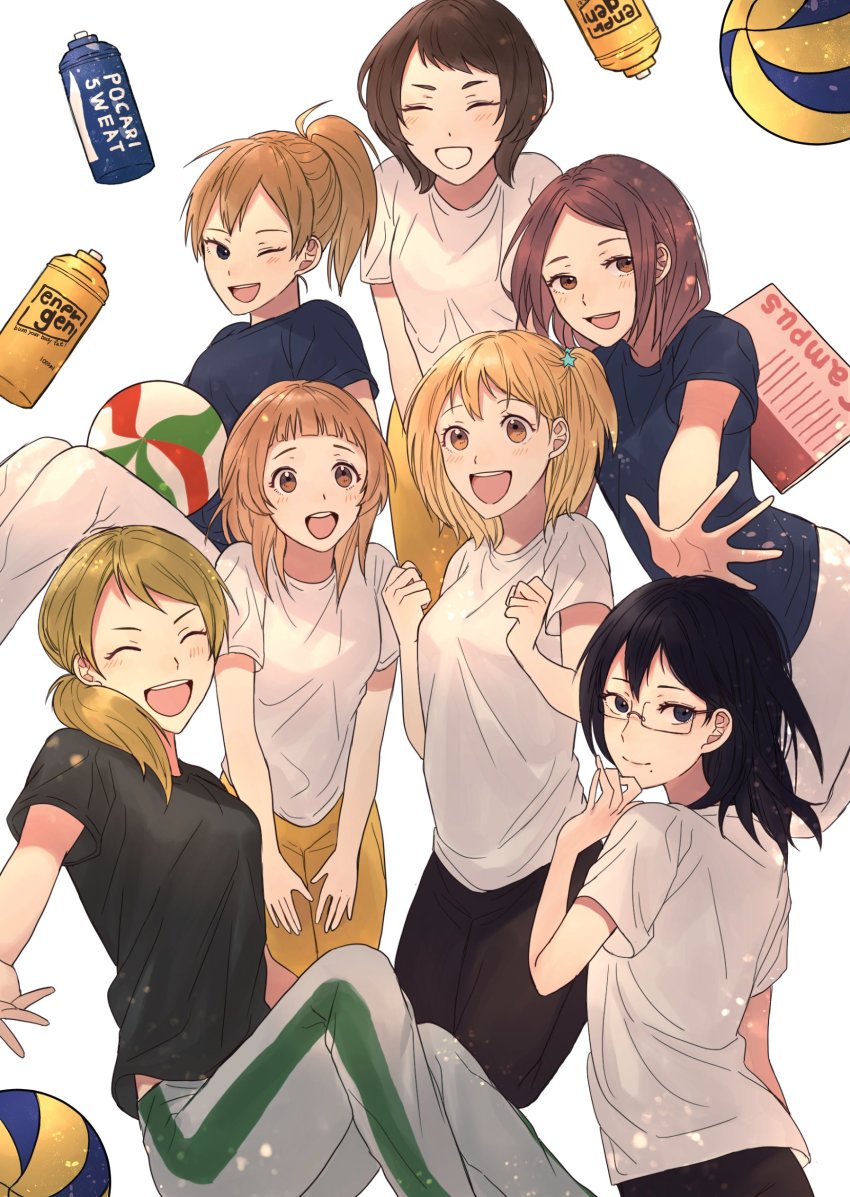 6+girls, absurdres, black_hair, blonde_hair, bottle, brown_hair, closed_eyes, female_focus