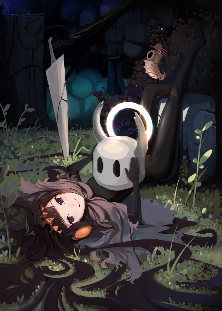 1girl, absurdres, alternate_costume, black_bodysuit, black_hair, bodysuit, bug, cape, closed_mouth, commentary, cosplay, english_commentary, gradient_hair, grass, grub_(hollow_knight), halo, headpiece, helmet, highres, hollow_knight, hololive, hololive_english, knight_(hollow_knight), knight_(hollow_knight)_(cosplay), lance, legs_up, long_hair, looking_at_viewer, lying, mole, mole_under_eye, mrstomachache, multicolored_hair, nail_(hollow_knight), ninomae_ina'nis, on_back, orange_hair, polearm, purple_eyes, sidelocks, smile, solo, tentacle_hair, unworn_headwear, unworn_helmet, upside-down, very_long_hair, virtual_youtuber, watson_amelia, weapon