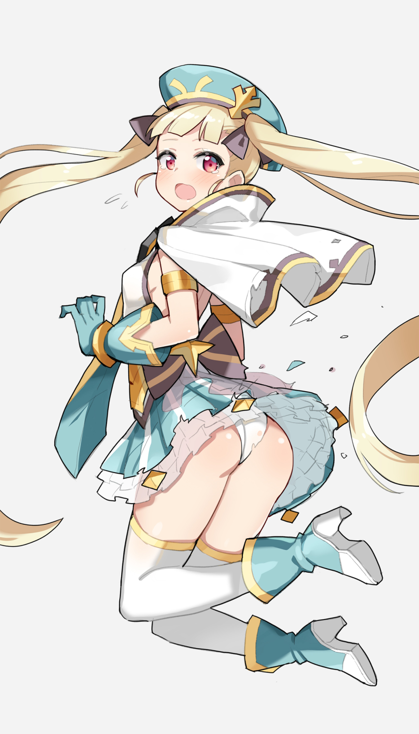 1girl, absurdres, achates_(epic_seven), achates_ururuda, ass, back, beige_background, blonde_hair, blue_headwear, blush, boots, breasts, epic_seven, full_body, gloves, highres, long_hair, looking_at_viewer, open_mouth, pink_eyes, red_eyes, serin199, sideboob, simple_background, solo, twintails