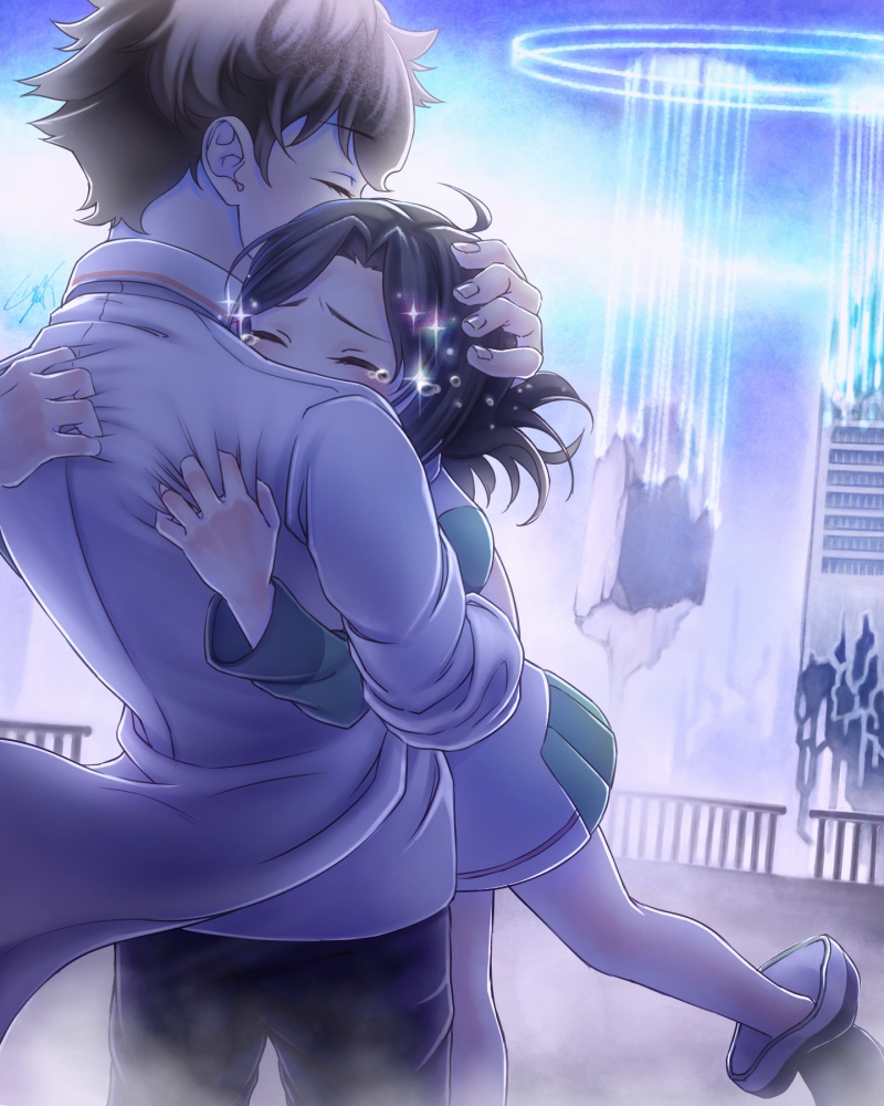 1boy, 1girl, ahoge, black_hair, brown_hair, crying, day, green_sleeves, hug, irodori_(irodoriginal), kemurikusa, kurekoremori, multicolored_clothes, outdoors, riri_(kemurikusa), short_hair, sky, spoilers, tears, wakaba_(kemurikusa)
