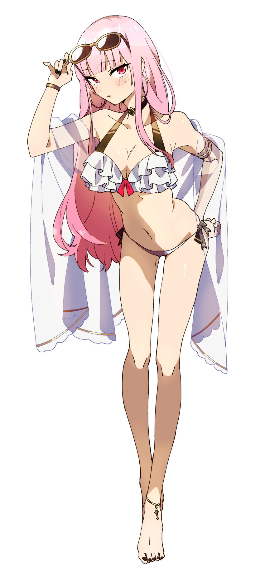 1girl, absurdres, aneco_(westsea1227), barefoot, bikini, blunt_bangs, breasts, cleavage, eyewear_on_head, feet, highres, hololive, hololive_english, large_breasts, long_hair, looking_at_viewer, mori_calliope, nail_polish, pink_eyes, pink_hair, red_eyes, solo, sunglasses, swimsuit, virtual_youtuber