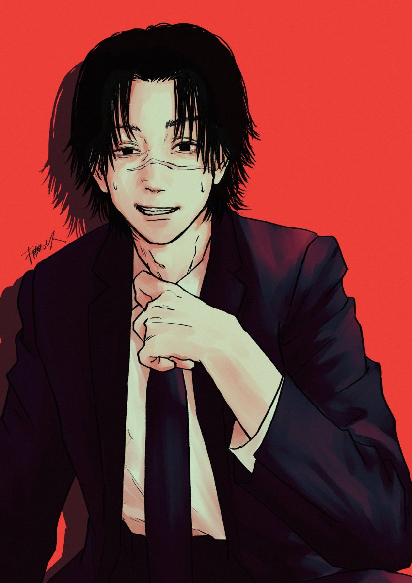 1boy, adam's_apple, black_eyes, black_hair, black_jacket, black_necktie, black_suit, chainsaw_man
