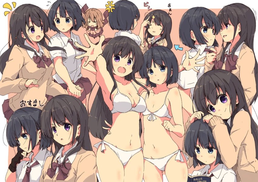 3girls, :o, achiga_school_uniform, anger_vein, arm_around_another's_waist, arrow_(symbol), bikini, black_eyes, black_gloves, black_hair, blunt_ends, blush_stickers, bob_cut, book, bow, bowling_glove, bowtie, breasts, brown_hair, chibi, cleavage, closed_eyes, closed_mouth, clothes_grab, dress_shirt, flick, flying_sweatdrops, front-tie_bikini_top, front-tie_top, frown, gloves, hands_on_another's_head, holding_hands, light_frown, long_hair, long_sleeves, matsumi_kuro, matsumi_yuu, medium_breasts, miniskirt, motion_lines, multiple_girls, multiple_views, navel, necktie, necktie_grab, neckwear_grab, notice_lines, open_mouth, outline, outside_border, outstretched_arms, pink_background, pleated_skirt, purple_eyes, reading, red_neckwear, red_scarf, red_skirt, sagimori_arata, saki, saki_(manga), saki_achiga-hen, scarf, school_uniform, shirt, short_hair, short_sleeves, siblings, side-tie_bikini_bottom, sisters, sitting, skirt, small_breasts, smile, spread_arms, standing, sweatdrop, sweater, swimsuit, tom_q_(tomtoq), translated, v-neck, white_bikini, white_outline, white_shirt, wing_collar, yellow_sweater, yuri