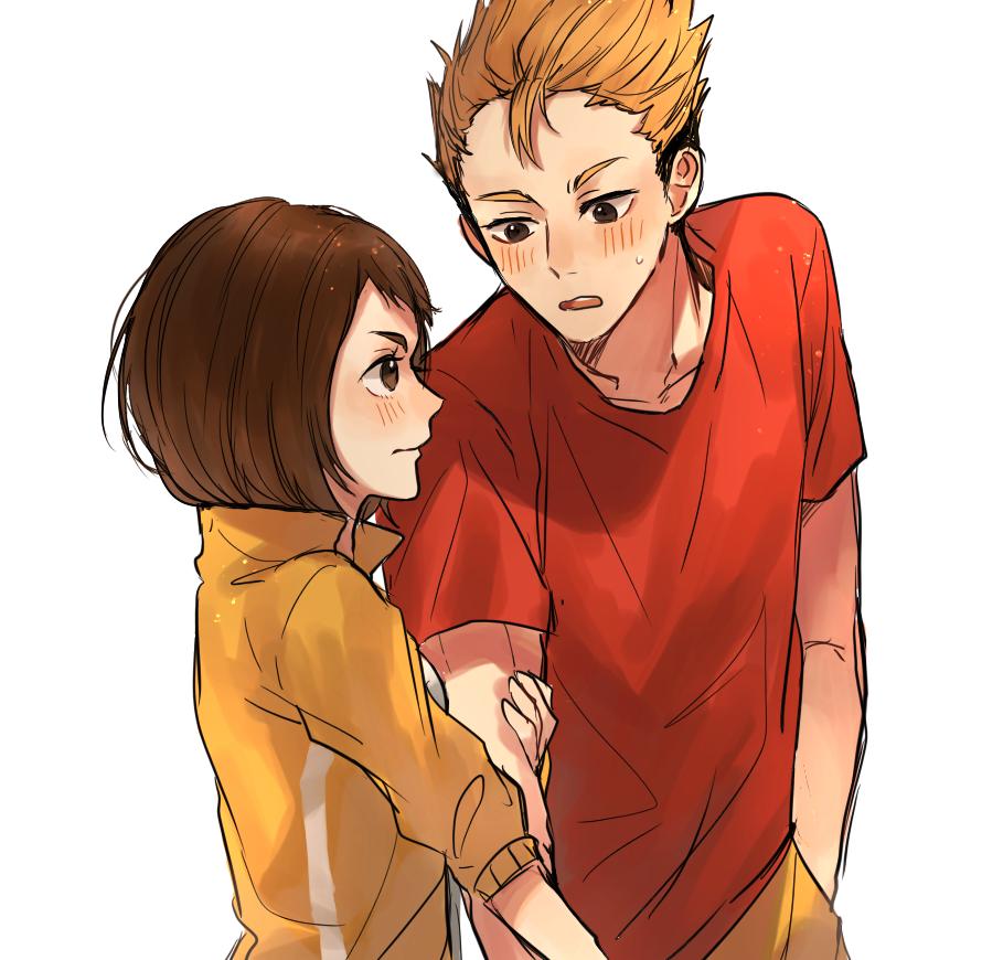 1boy, 1girl, arm_grab, blonde_hair, blush, brown_hair, eye_contact, haikyuu!!