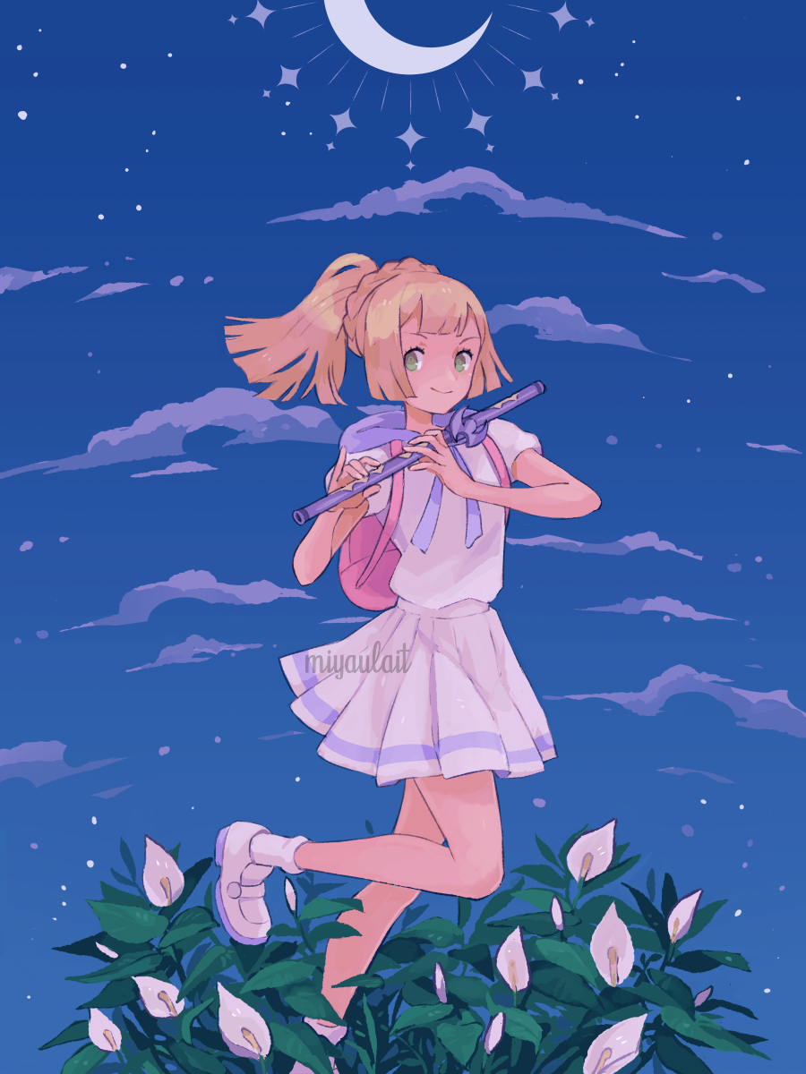 1girl, artist_name, backpack, bag, blonde_hair, closed_mouth, cloud, commentary, crescent_moon, floating_hair, flute, green_eyes, highres, holding, holding_instrument, instrument, lillie_(pokemon), long_hair, miyaulait, moon, night, nintendo, outdoors, pink_bag, pleated_skirt, pokemon, pokemon_sun_and_moon, ponytail, shirt, shoes, short_sleeves, skirt, sky, smile, socks, solo, watermark, white_skirt, white_socks