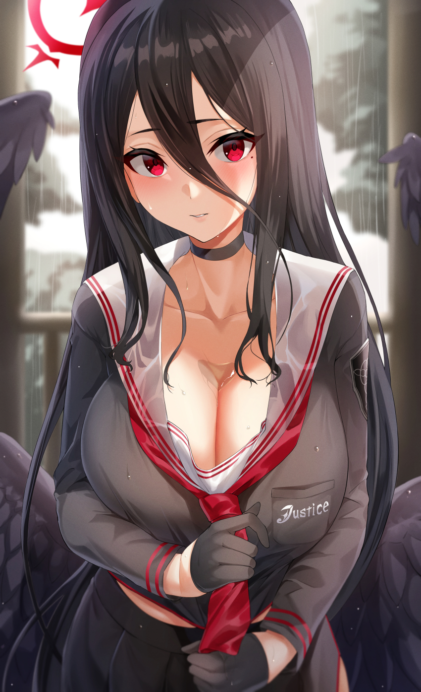 1girl, absurdres, black_choker, black_gloves, black_hair, black_shirt, blouse, blue_archive, blurry, blurry_background, blush, breasts, bust_cup, choker, cleavage, clothes_grab, collarbone, commentary_request, gloves, grey_shirt, grey_skirt, hair_between_eyes, halo, hasumi_(blue_archive), highres, hotate-chan, huge_filesize, indoors, large_breasts, long_hair, long_sleeves, looking_at_viewer, midriff_peek, mole, mole_under_eye, neckerchief, neckerchief_grab, parted_lips, pleated_skirt, pulling, railing, rain, red_eyes, red_neckerchief, school_uniform, serafuku, shirt, skirt, snow, solo, upper_body, wet, window, wings